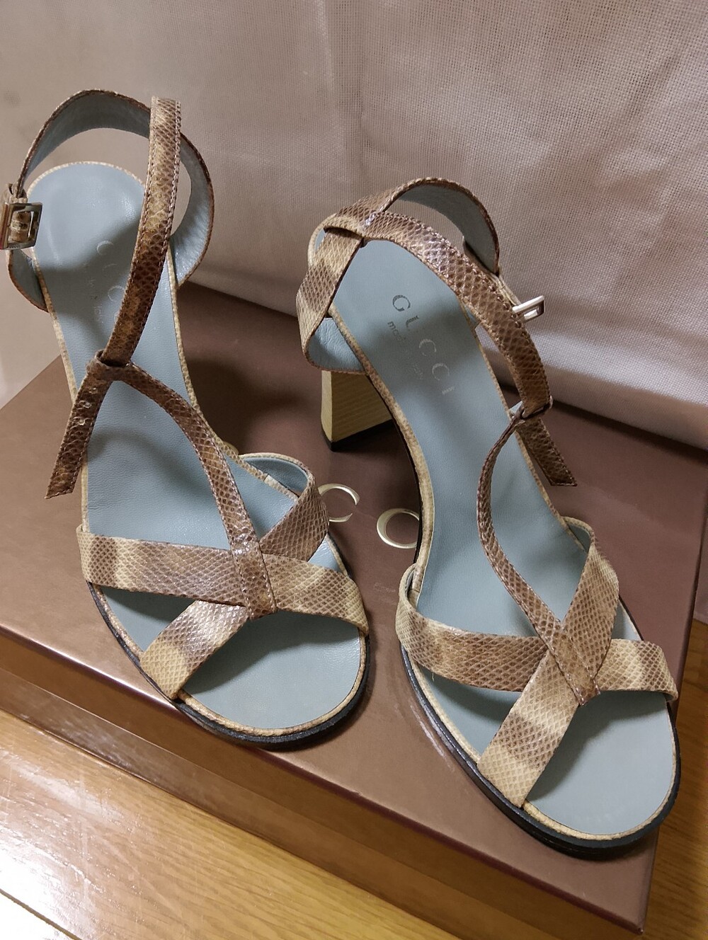 Gucci Tan Snakeskin Slip On Block Heel Sandals